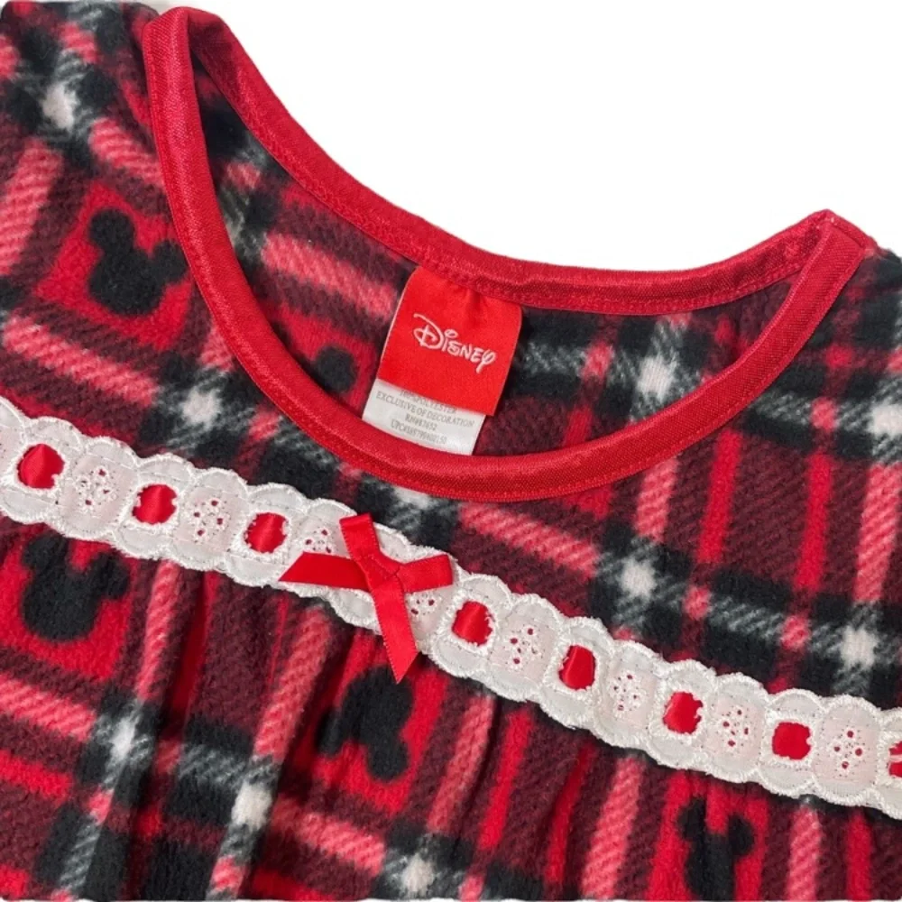 Disney Nightgown Lace Trim Bow Nightshirt Mickey Mouse Buffalo Plaid Tartan Red